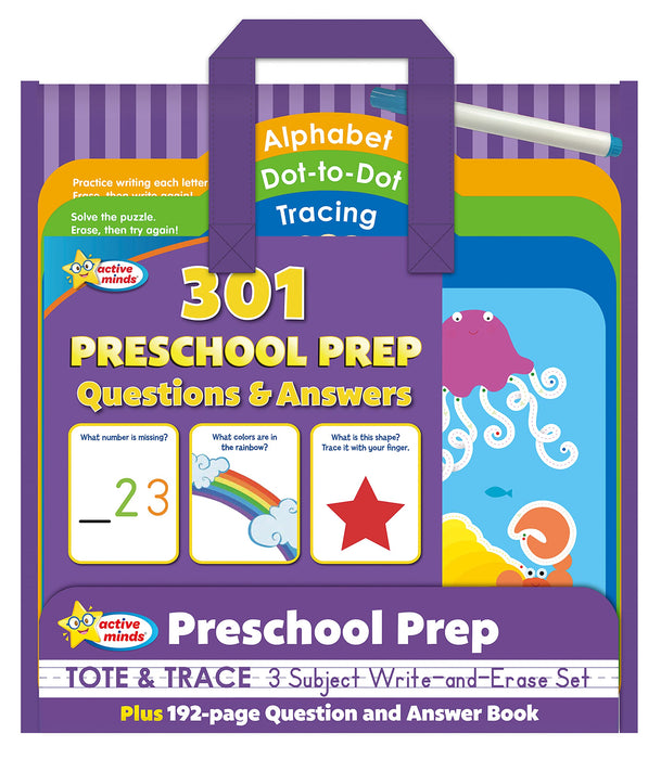 Active Minds - Preschool Prep Tote & Trace 3 Subject Write-and-Erase Wipe Clean Set and 192 Page Question and Answer Workbook - Language Arts, Math, Science, and More!