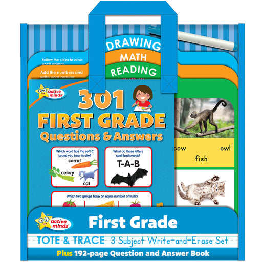 Active Minds - First Grade Tote & Trace - 3 Subject Write-and-Erase Wipe Clean Board Set and 192-Page Question and Answer Workbook - Language Arts, ... and More! (Active Minds Tote and Trace)